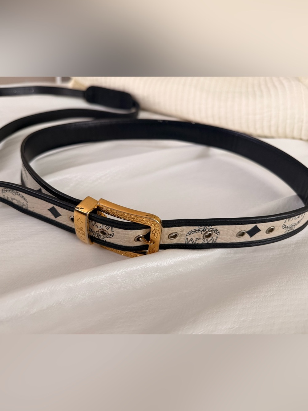 Vintage Designer-Inspired Navy Blue and Cream Leather Belt with Gold Buckle